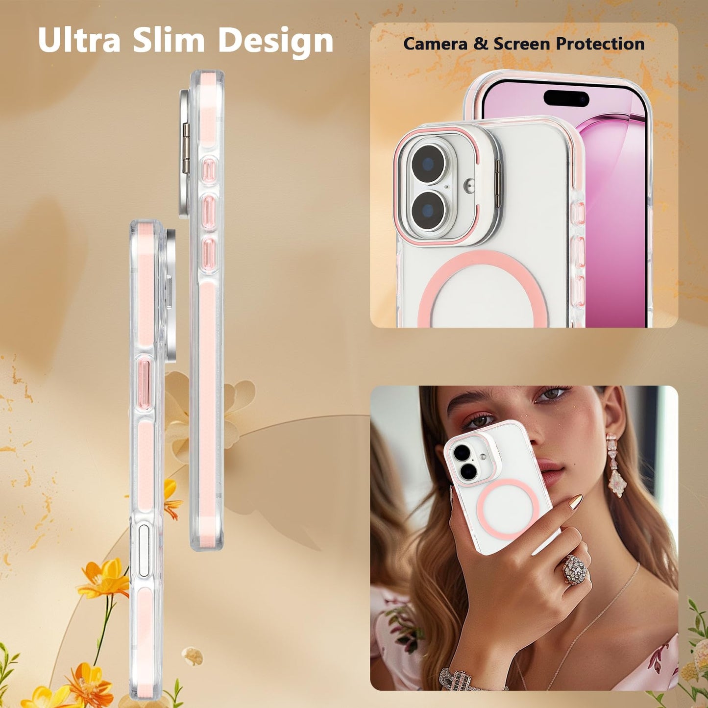 iPhone 16 - Case MagSafe - Stand Cámara - Clear Pink
