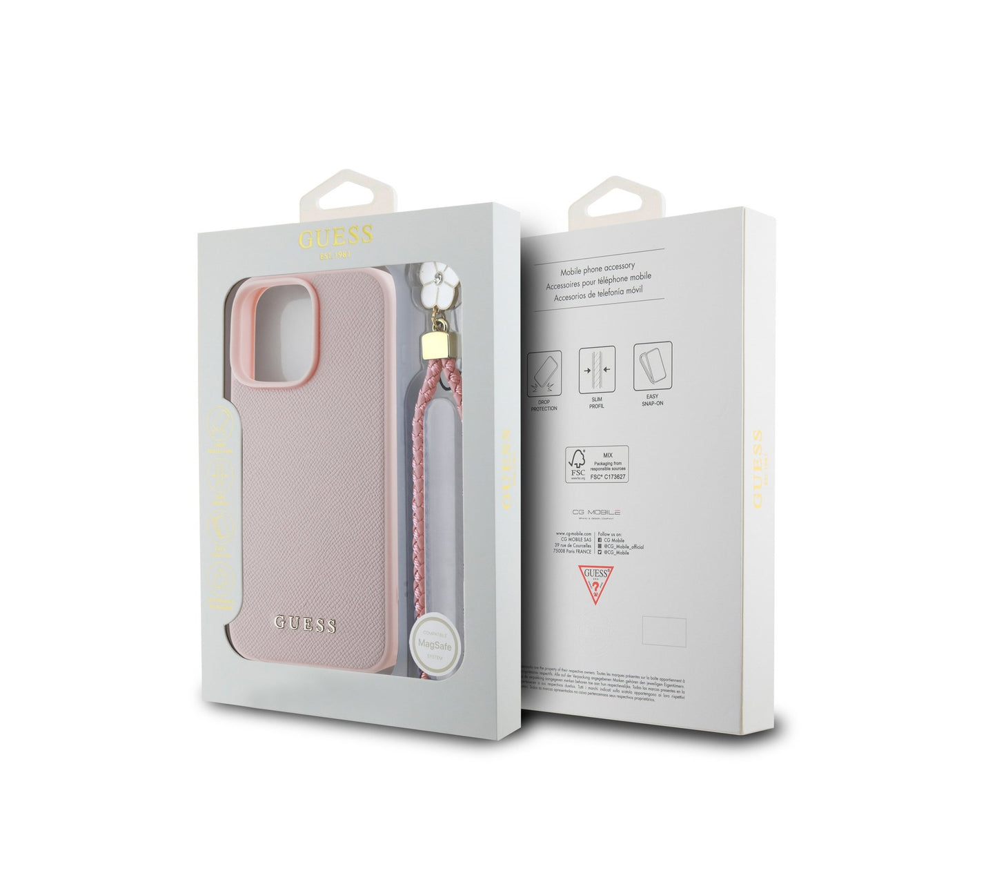 iPhone 16 Pro Max - Funda Guess - Grained - MagSafe - Con Strap Dije Flor - Rosa - Guess