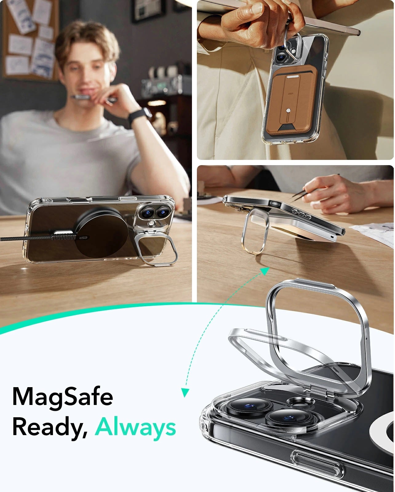 iPhone 16 - Hybrid Case - MagSafe - Stash Stand - Clear Black - ESR