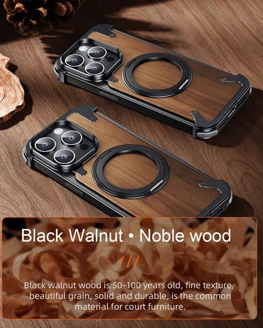 iPhone 15 Pro Max - Funda de madera (Nogal) - Soporte Giratorio 360° - MagSafe - Negro - OATSBASF