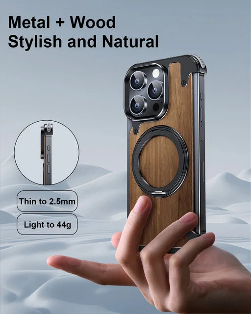iPhone 15 Pro Max - Funda de madera (Nogal) - Soporte Giratorio 360° - MagSafe - Negro - OATSBASF