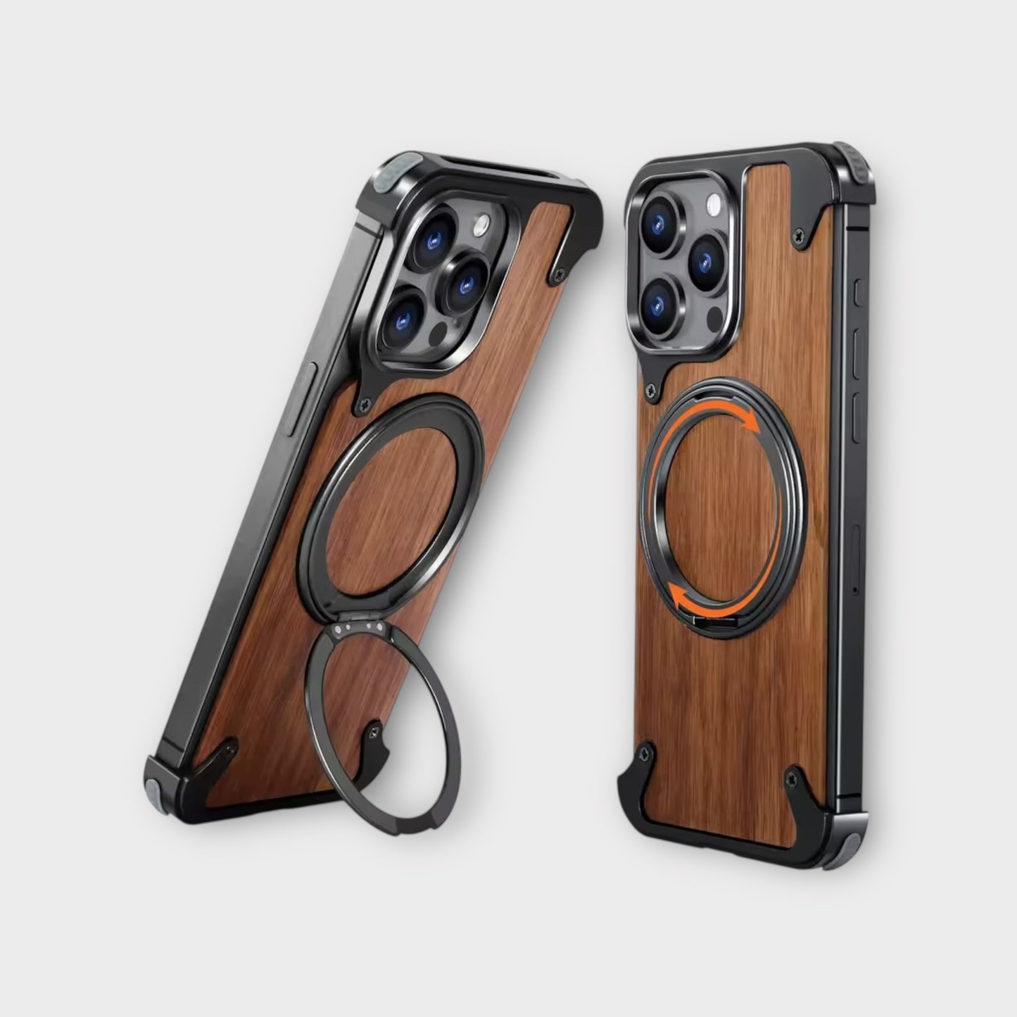 iPhone 15 Pro Max - Funda de madera (Nogal) - Soporte Giratorio 360° - MagSafe - Negro - OATSBASF
