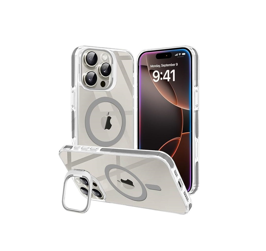 iPhone 15 Pro Max - Case Magsafe - Stand Cámara - Clear Gray