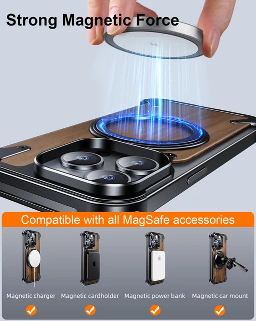 iPhone 15 Pro Max - Funda de madera (Nogal) - Soporte Giratorio 360° - MagSafe - Negro - OATSBASF