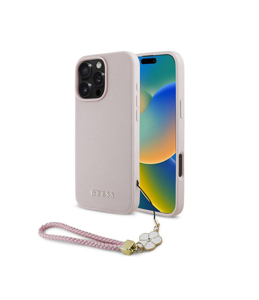 iPhone 16 Pro Max - Funda Guess - Grained - MagSafe - Con Strap Dije Flor - Rosa - Guess