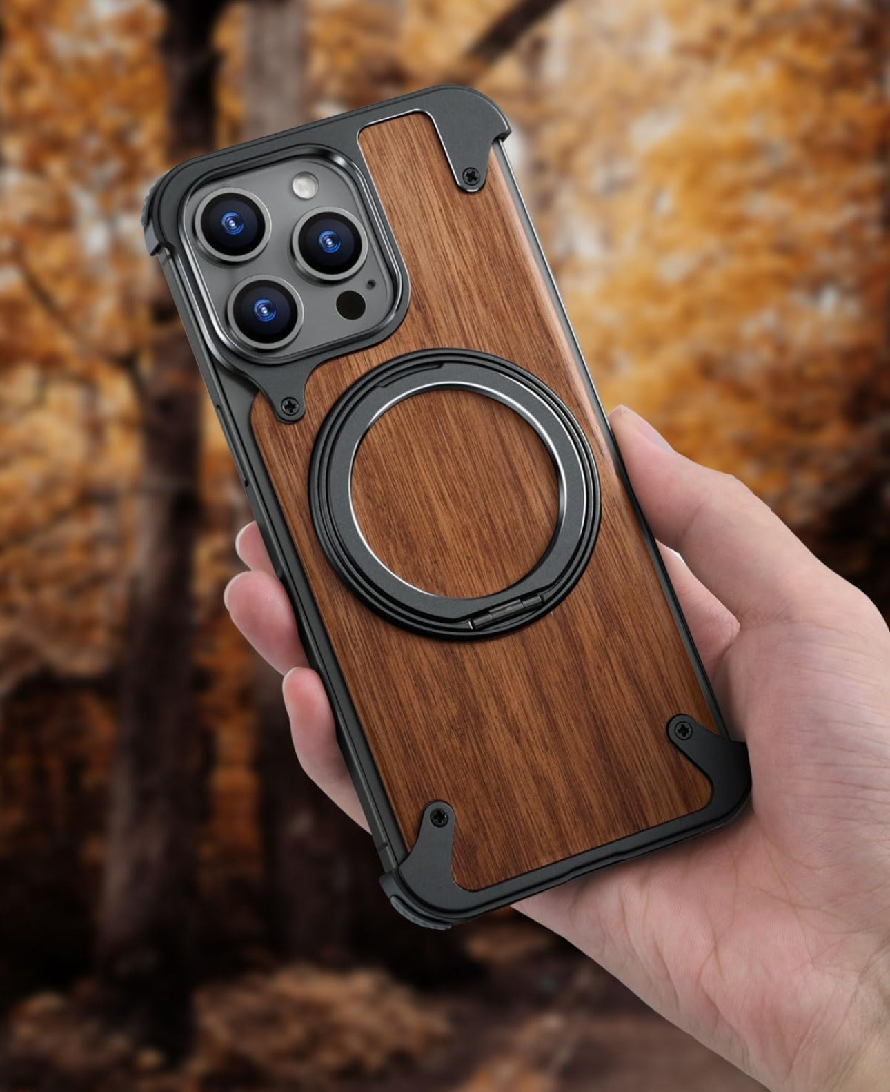 iPhone 15 Pro Max - Funda de madera (Nogal) - Soporte Giratorio 360° - MagSafe - Negro - OATSBASF