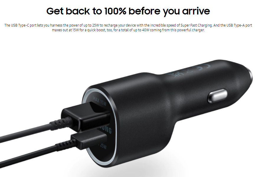 Cargador de auto - Dual Port (45W & 15W) Super Carga Rápida 2.0 - Samsung